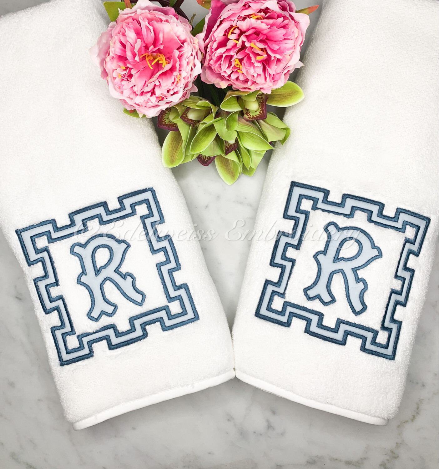 Greek 2 border appliqué With Pagoda Monogram Letter Towel  Or Tissue Cover