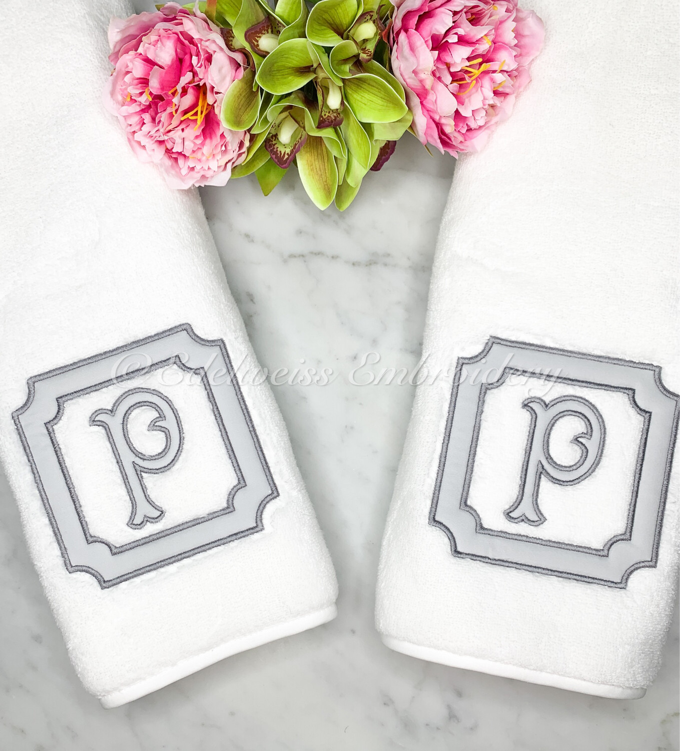 Lorraine border appliqué With Fishtail Monogram Letter Towel  Or Tissue Cover