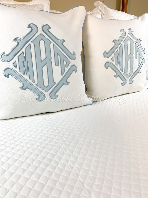 White Linen Or Cotton Poplin Pillow Sham In Square , Standard Or King Size Pillow Shams with Large High Density Cotton Appliqué Monogram