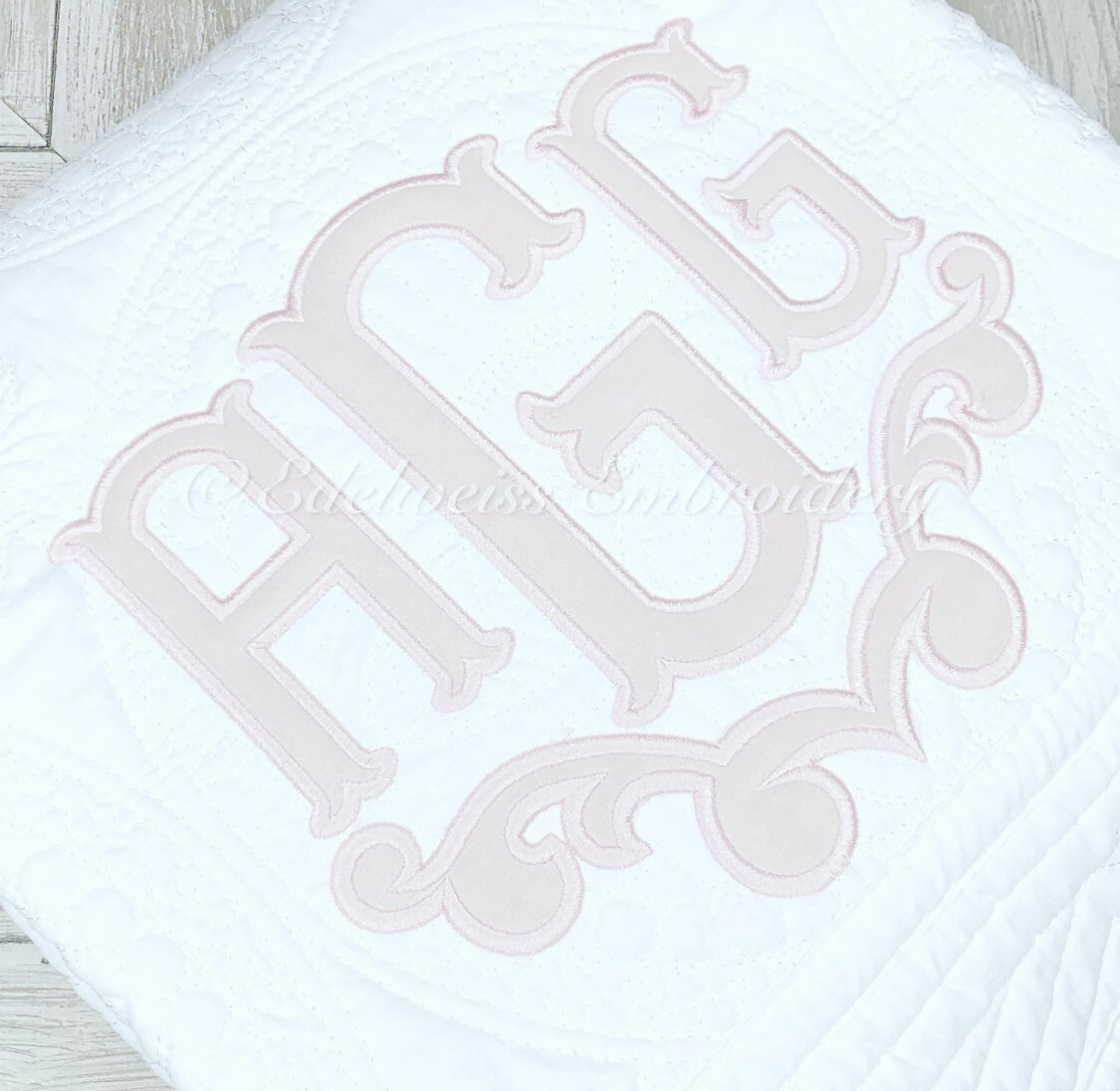 Velvet Appliqué Monogram With Optional borders Heirloom Baby Quilt