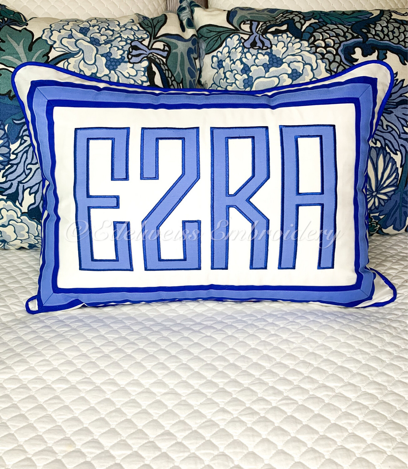 Schumacher White Sham Two Tone Band With Appliqué Monogram And Welting