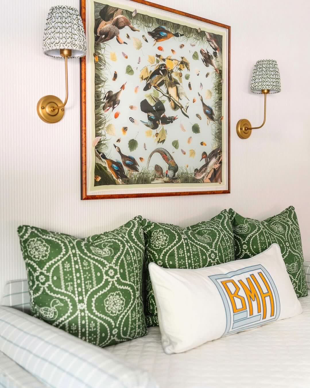The Caleb border On White Linen, White Pique , Or Schumacher White Blake Polished Cotton Lumbar Pillow Sham with Large High Density Cotton Appliqué Monogram