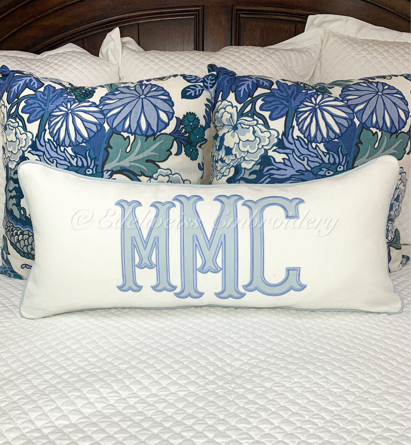 Appliqué Monogram Lumbar, Available In Linen, Pique , Or Schumacher White Blake Polished Cotton