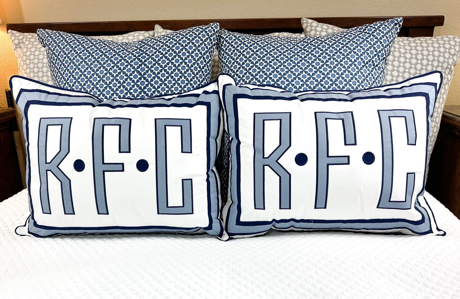 Schumacher White Sham Two Tone Band With Appliqué Monogram And Welting