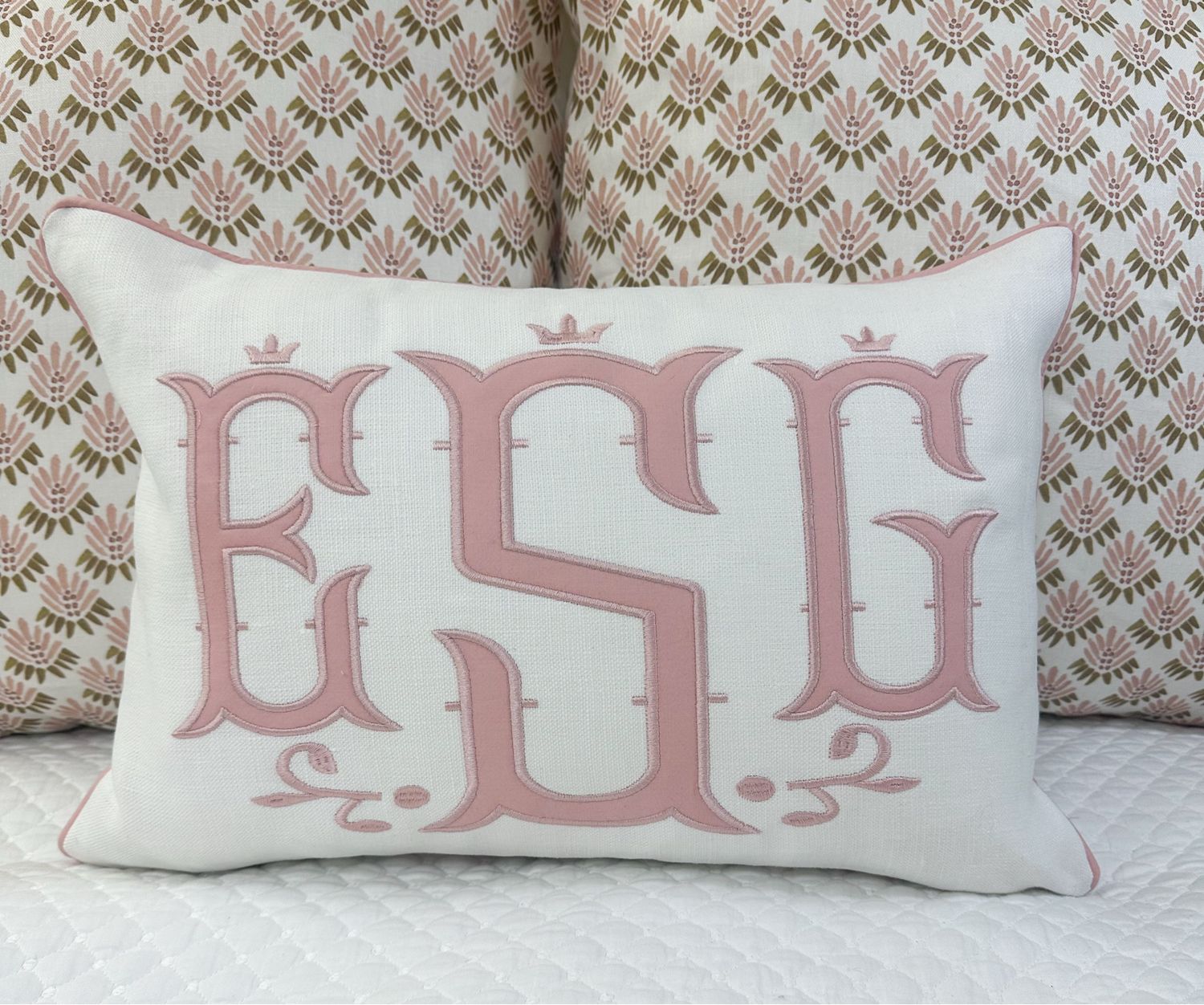 Appliqué Monogram Lumbar, Available In Linen, Pique , Or Schumacher White Blake Polished Cotton Custom Made Item