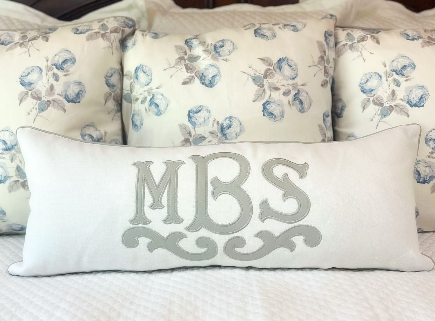 Quick Ship 36” Lumbar Monogram Sham with Cotton Sateen Appliqué On A Heavy Weight Belgian Linen