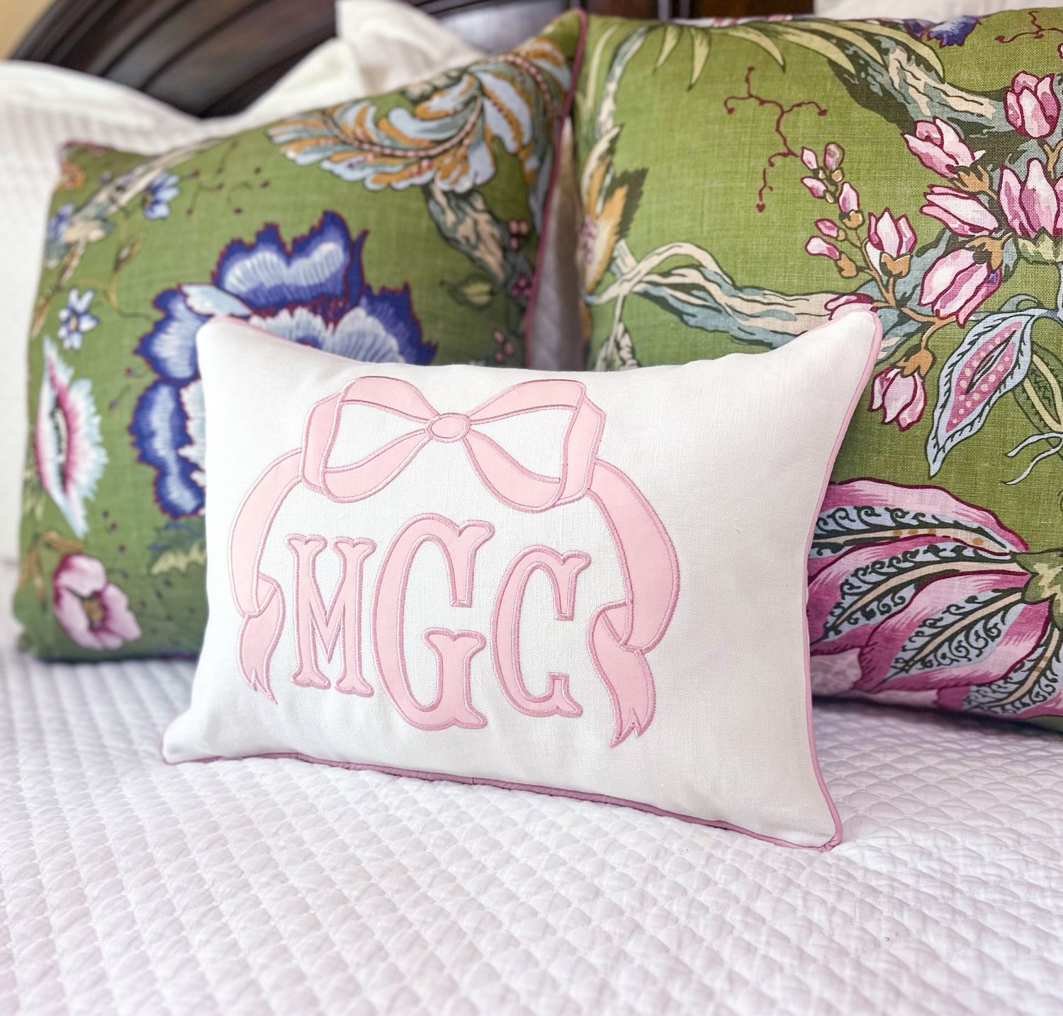 Quick Ship 20” Lumbar Monogram Sham with Cotton Sateen Appliqué On Heavy Weight Belgian Linen