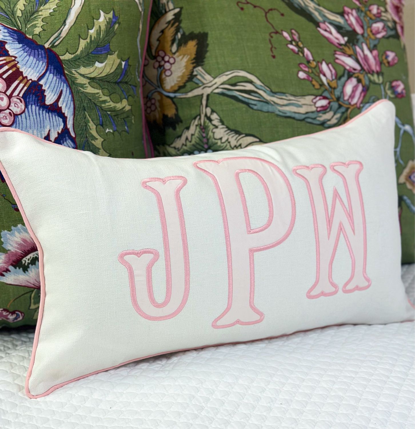 Quick Ship 24” Lumbar Monogram Sham with Cotton Sateen Appliqué On Heavy Weight Belgian Linen