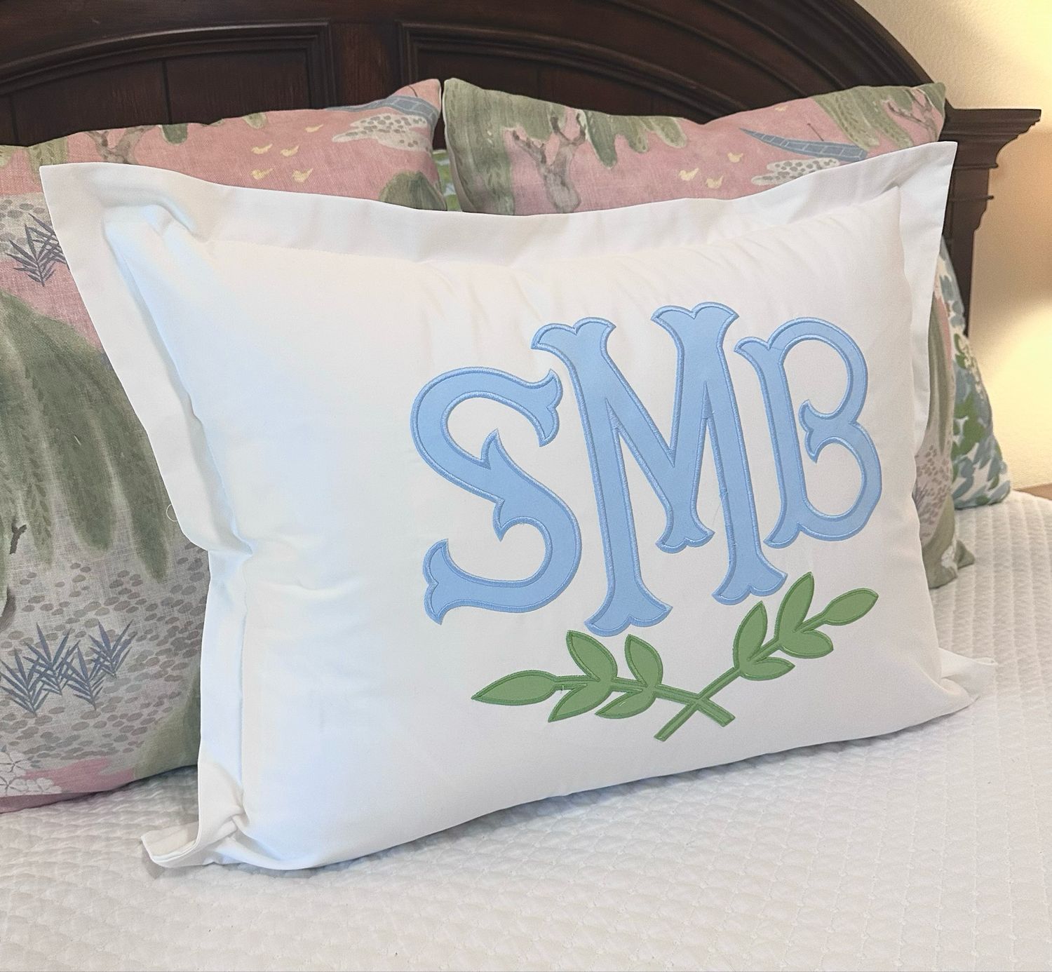 3wk Quick Ship White Large Monogram Sham with Cotton Sateen Appliqué