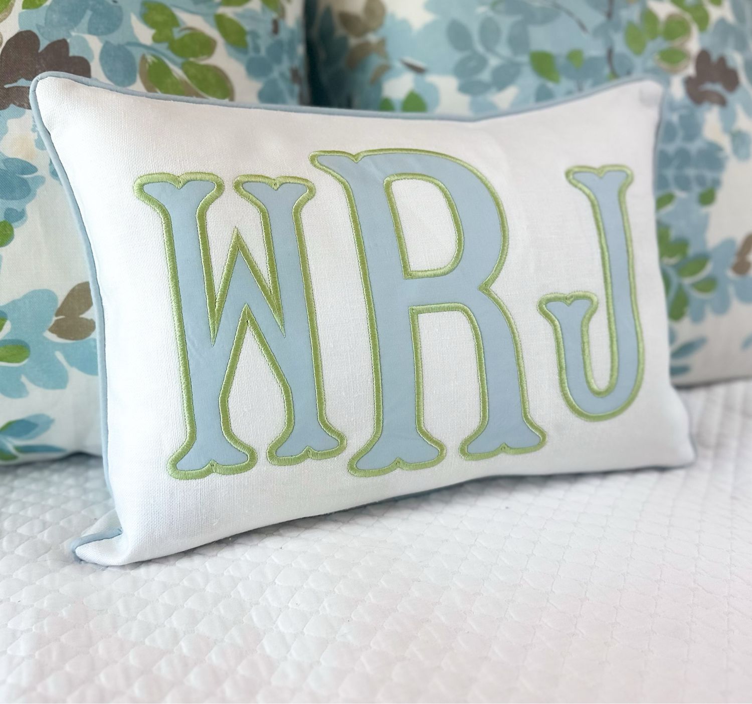 Quick Ship 20” Lumbar Monogram Sham with Cotton Sateen Appliqué On Heavy Weight Belgian Linen