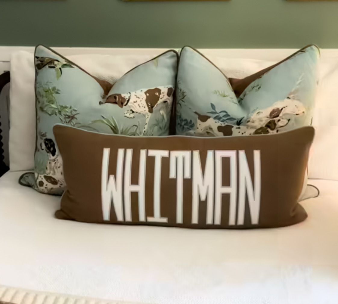 Med Brown Linen Name Appliqué Lumbar Pillow Sham Custom Made