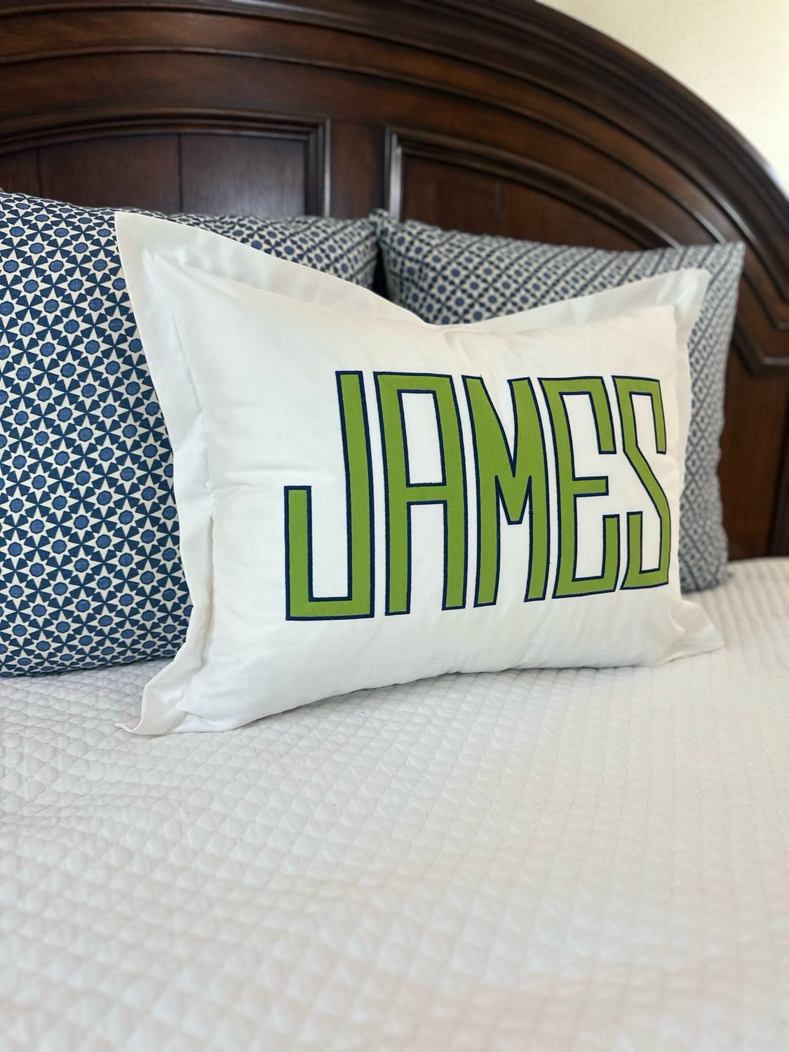 3wk Quick Ship White Large Appliqué Name Sham with Cotton Sateen Appliqué