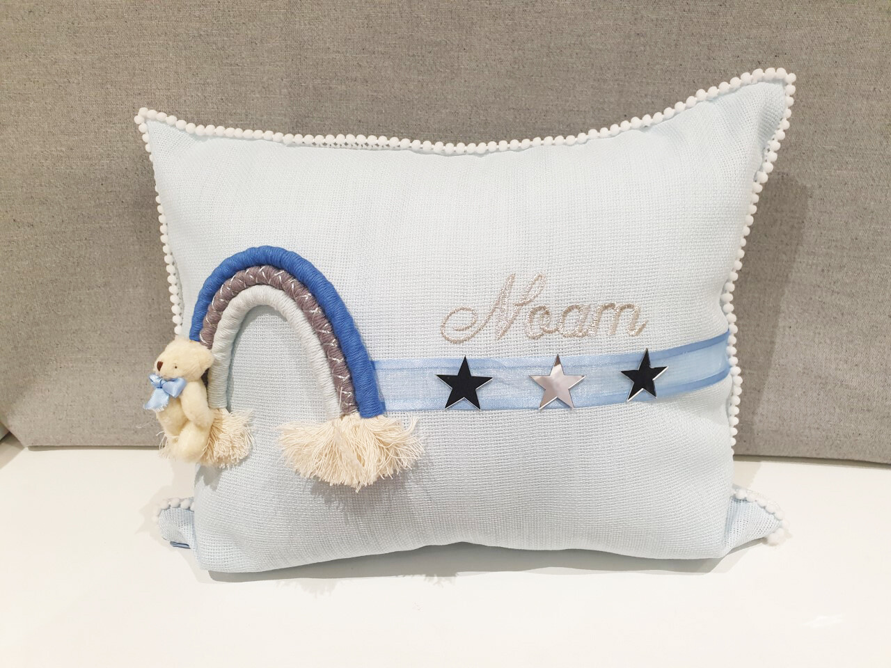 Coussin ourson bleu personnalisé