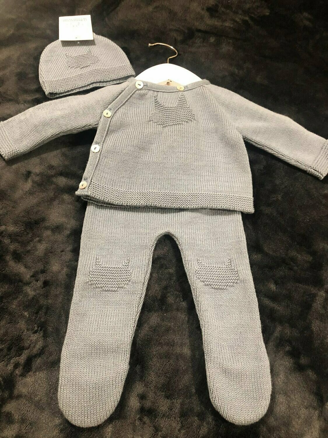Ensemble bleu jeans en maille, brassière + pantalon + bonnet "chat"