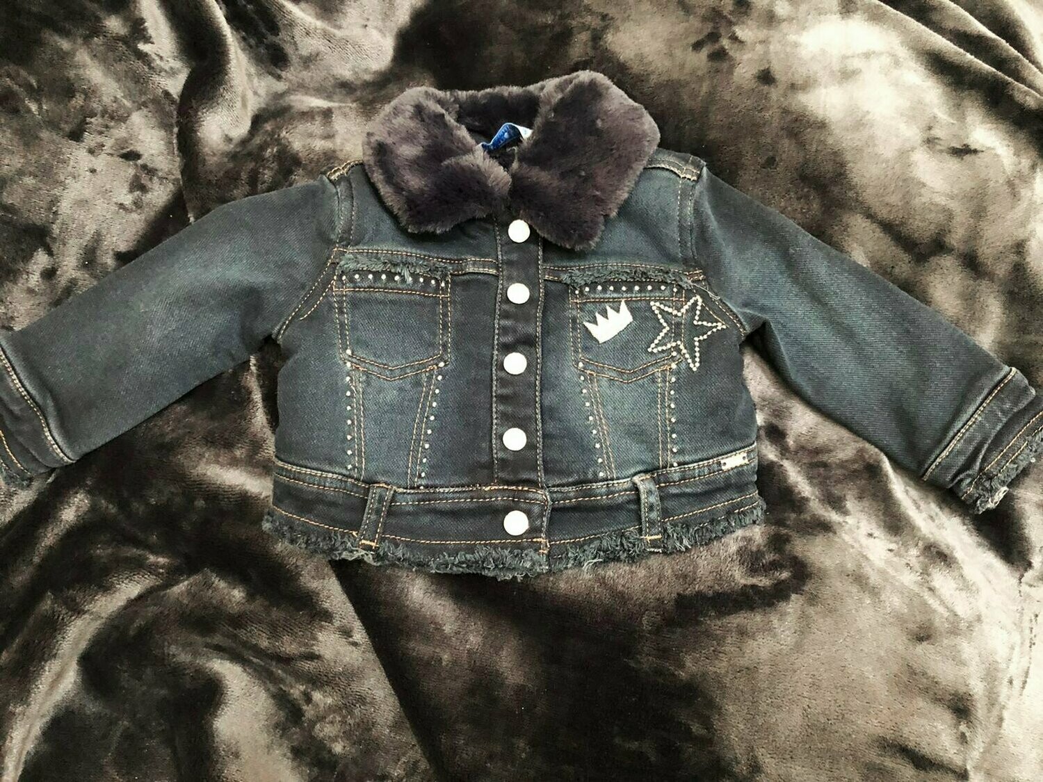 Veste en jeans marine, col fourrure marine amovible