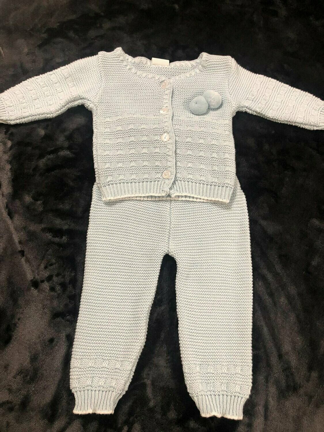 Ensemble en maille bleu layette, haut avec 2 petits pompons + pantalon 100%