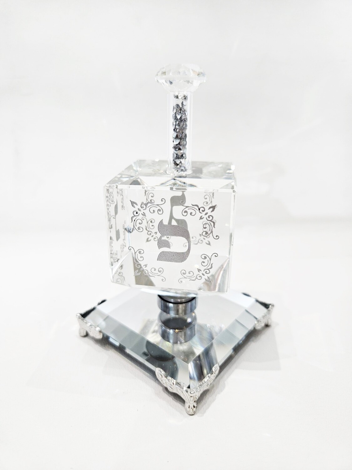Grande toupie décorative argentée en verre