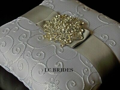 Embroider Ring Bearer Pillow - Silver- White