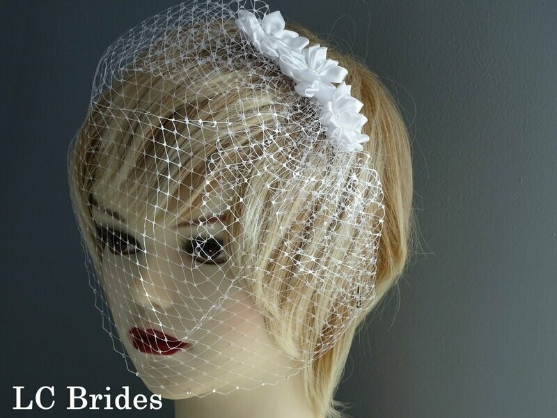 White Birdcage Veil with Flowers & Swarovski Crystals