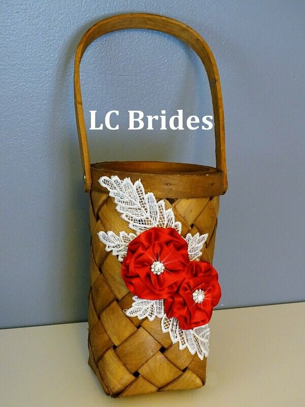 Rustic Flower Girl Basket - Red Crystal Flower