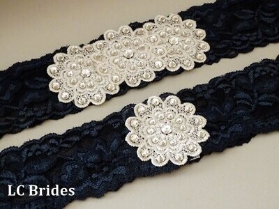 Navy Blue Bridal Wedding Garter Set Crystal Lace