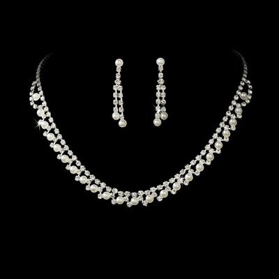 Pearl Necklace and Earring Set, Silver & White