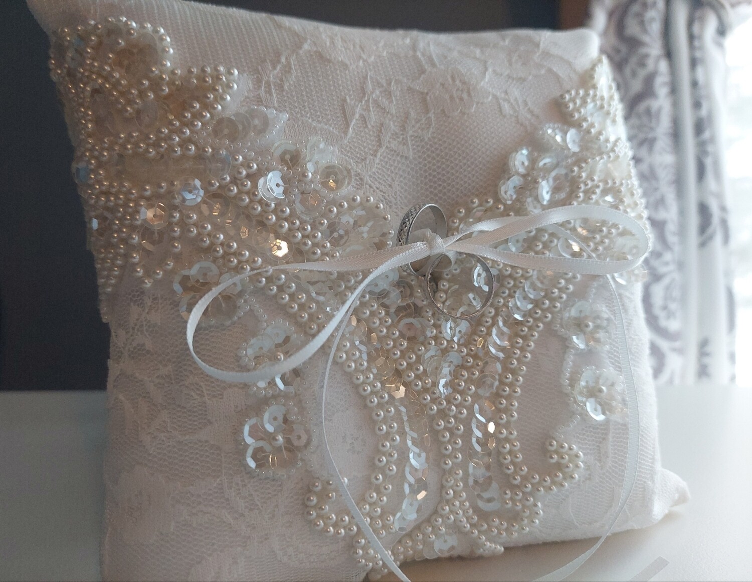 Elegant Ivory Ring Bearer Pillow - Sequin and Pearls 