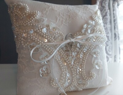 Elegant Ivory Ring Bearer Pillow - Sequin and Pearls 