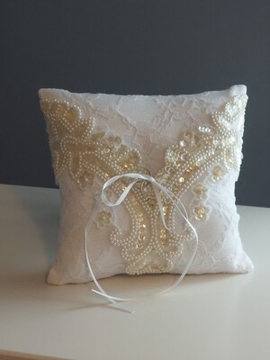 Elegant White Ring Bearer Pillow - Sequin and Pearls 