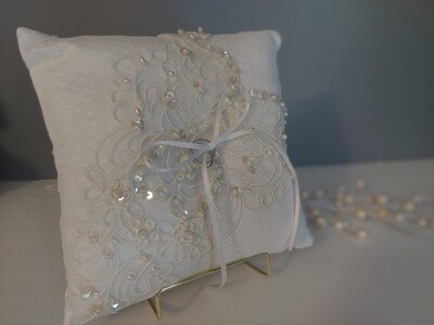 White Lace Ring Bearer Pillow - Sequin and Pearls 
