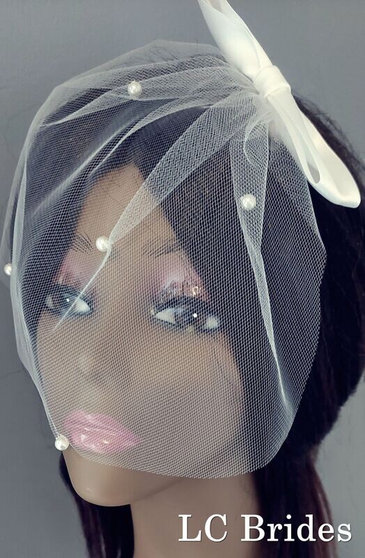 Birdcage Blusher Veil with Pearls - Double Satin Bow