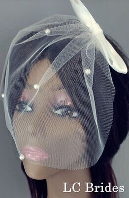 Birdcage Blusher Veil with Pearls - Double Satin Bow