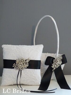 Ring Bearer Pillow and Flower Girl Basket Set - Black, White