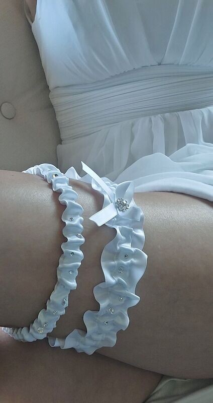 White Sparkling Wedding Garter Set with Satin and Crystals