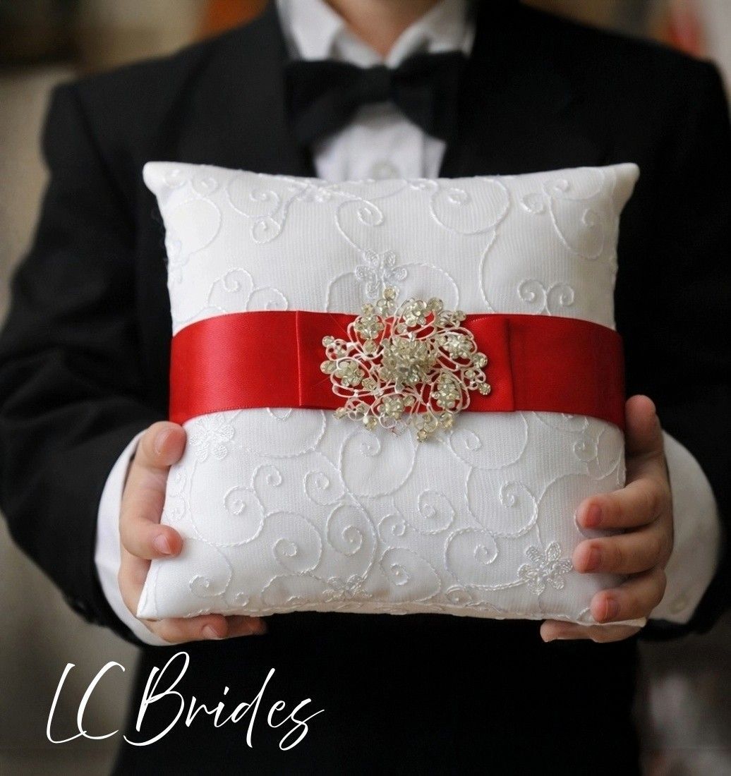 Embroider Ring Bearer Pillow - Red - White