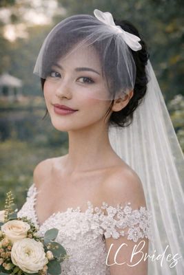 Birdcage Blusher  Veil - Double Satin Bow