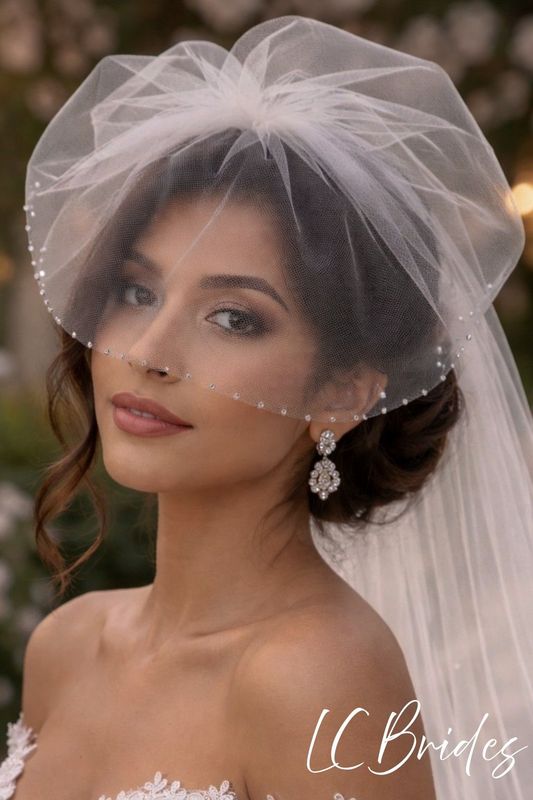 Birdcage Blusher Short Wedding Veil with Edged Crystals