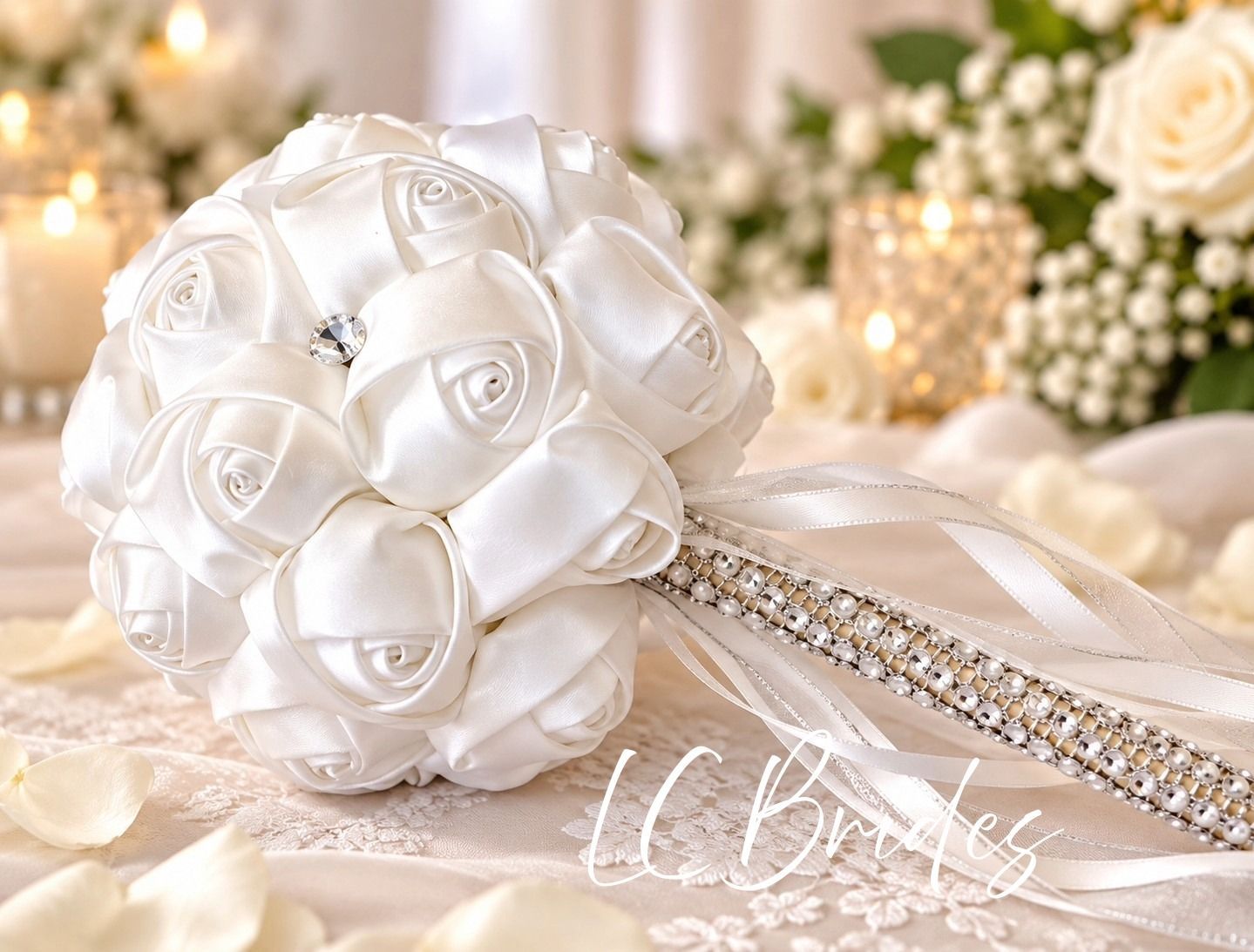 The Rosalie Crystal Wand | White Satin Rose Flower Girl Bouquet | Rhinestone Wedding Wand The Rosalie Crystal Wand | White Satin Rose Flower Girl Bouquet | Rhinestone Wedding Wand