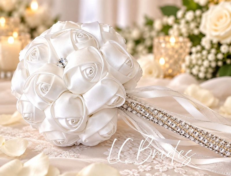 The Rosalie Crystal Wand | White Satin Rose Flower Girl Bouquet | Rhinestone Wedding Wand