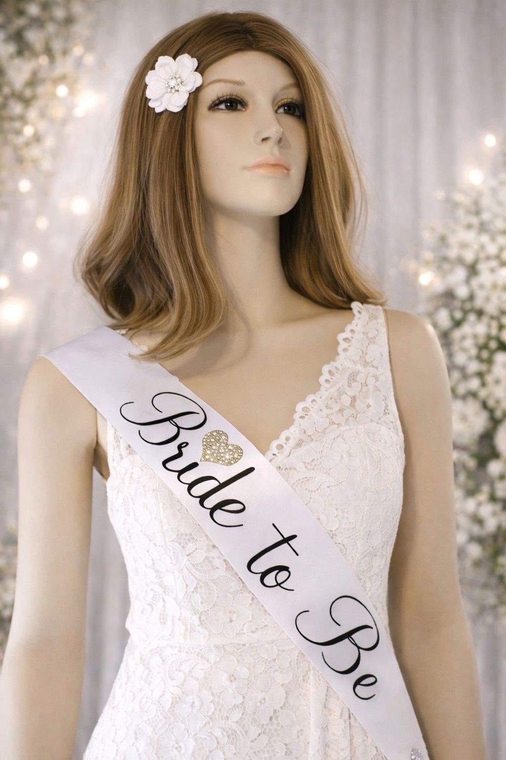 Bride to Be Engagement Sash - White, Ivory, Multi-heart Gold Heart