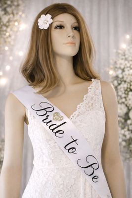 Bride to Be Engagement Sash - White, Ivory, Multi-heart Gold Heart