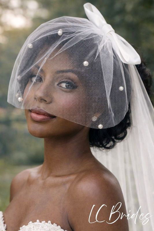 Birdcage Blusher Veil with Pearls - Double Satin Bow