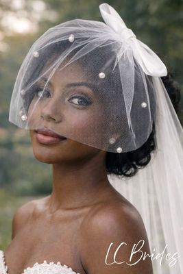 Birdcage Blusher Veil with Pearls - Double Satin Bow