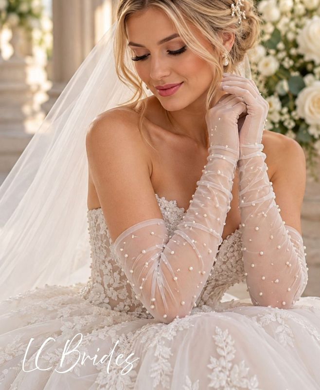 Elegant Sheer Pearl Bridal Gloves – Long Ruched Wedding Gloves