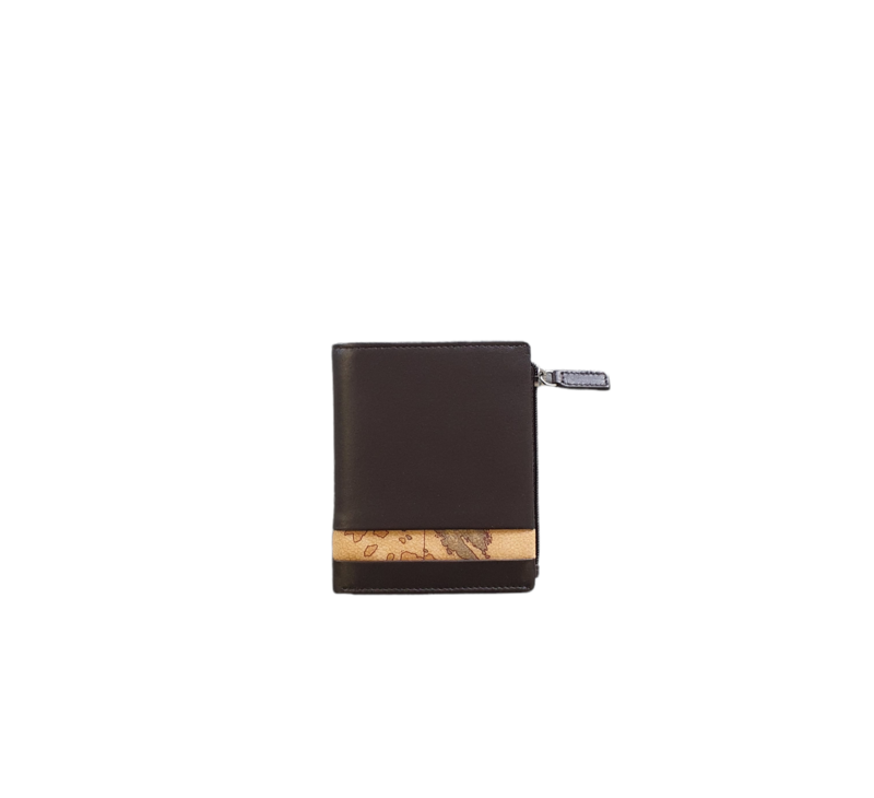 Alviero Martini 1A Classe Portafoglio uomo piccolo in pelle Dark Brown rifinito in tessuto Geo Classic