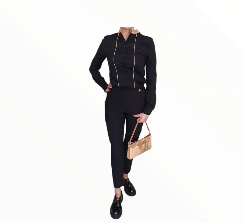 Alviero Martini 1A Classe Camicia con collo alla Coreana in Popeline di Cotone Stretch Nero