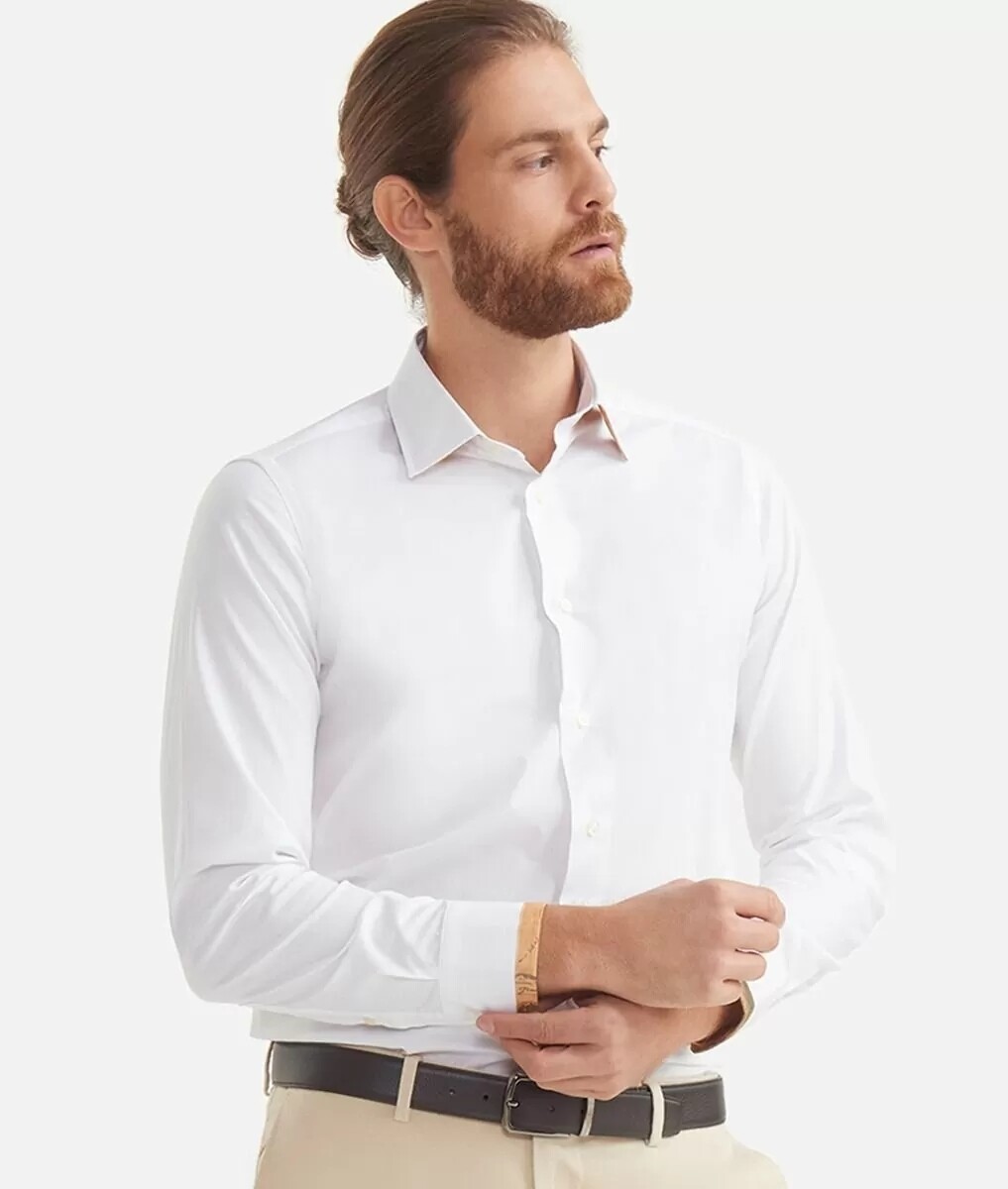 Alviero Martini 1A Classe Camicia Slim in cotone con Profilo Geo nel Polsino Bianca