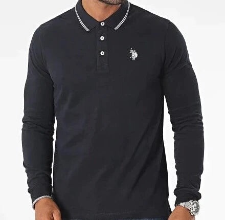 Polo da uomo a maniche lunghe con logo U.S. Polo Assn Blu Scuro