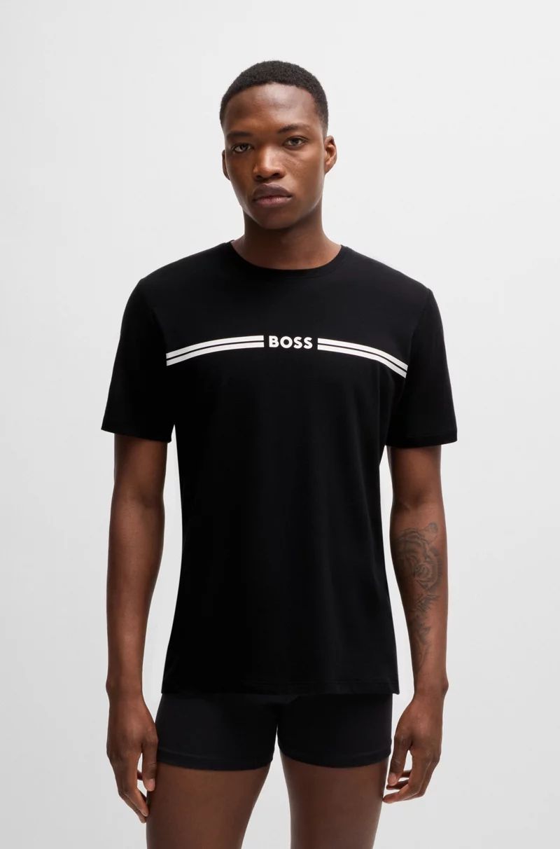 Boss T-shirt in cotone elasticizzato con logo e righe Nera