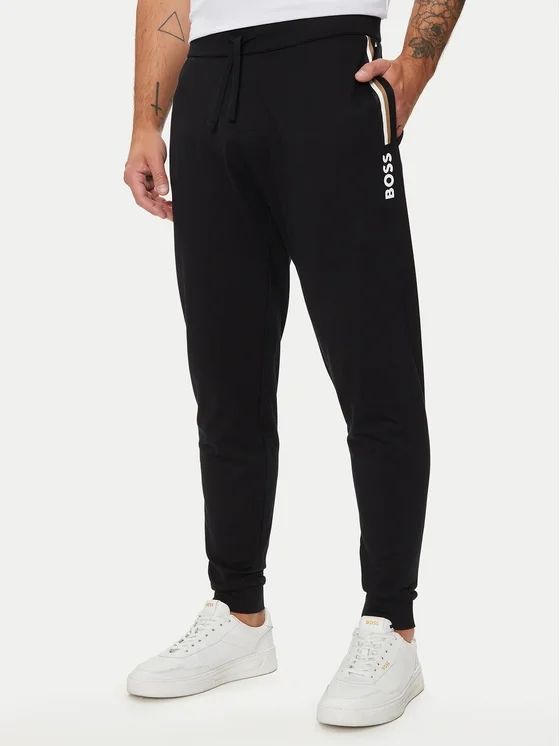 Boss Pantaloni della tuta leggeri in cotone elasticizzato con logo laterale  Nero
